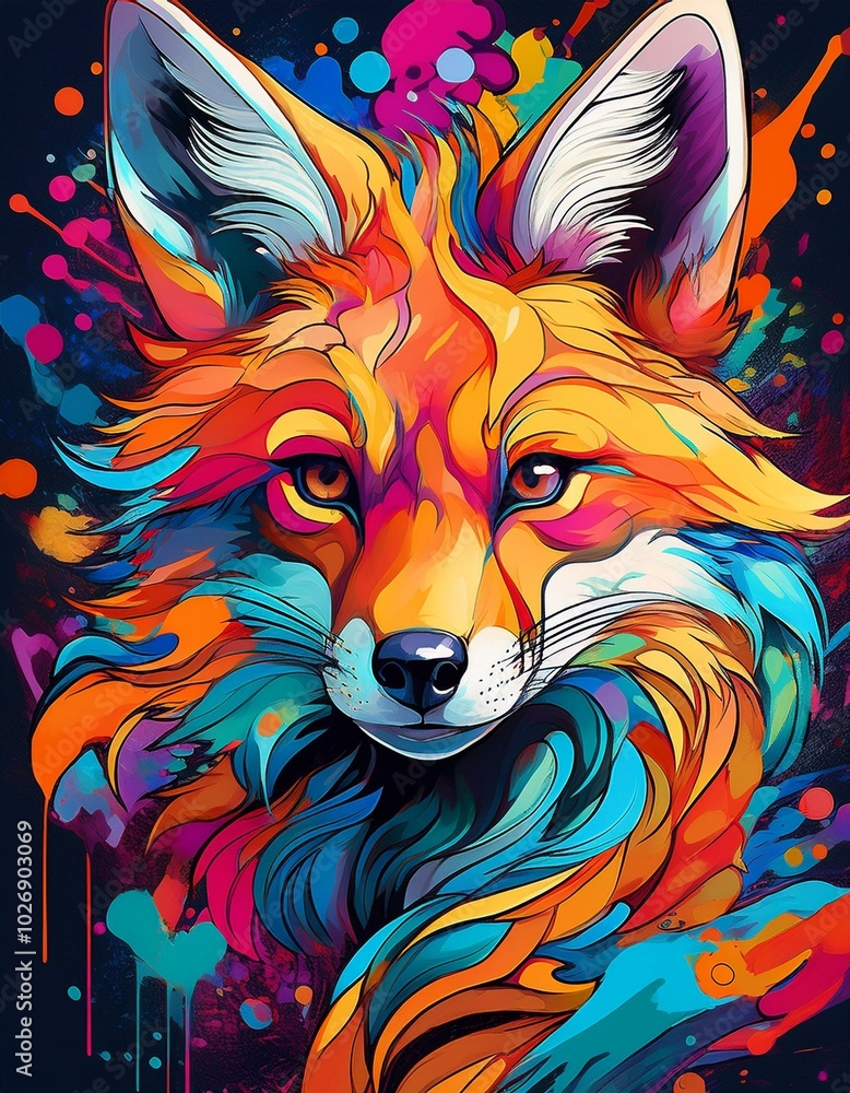 graffiti style fox, spray art, splash, colorful, animal graffiti style fox, spray art, splash, colorful, animal