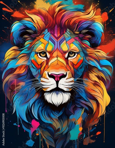 graffiti style lion beautiful face, spray art, splash, colorful, animal