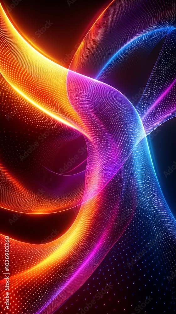 Abstract neon curves of blue, orange, and pink on a black background. Abstract neon curves of blue, orange, and pink on a black background.