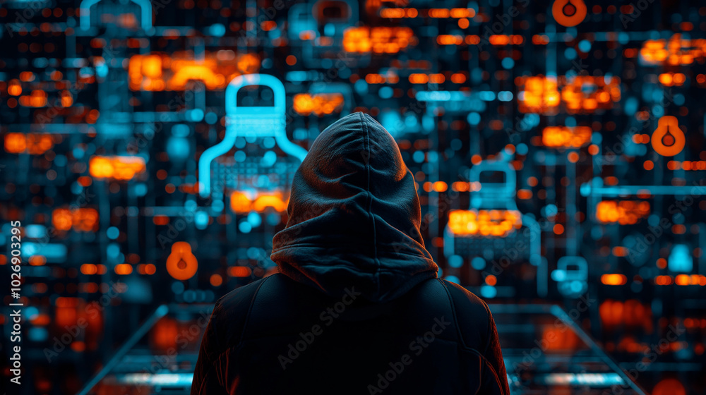 A complex web of code, firewalls, and warning symbols with a hacker silhouette and data breach alerts, highlighting cybersecurity threats and vulnerabilities in protecting digital systems. A complex web of code, firewalls, and warning symbols with a hacker silhouette and data breach alerts, highlighting cybersecurity threats and vulnerabilities in protecting digital systems.