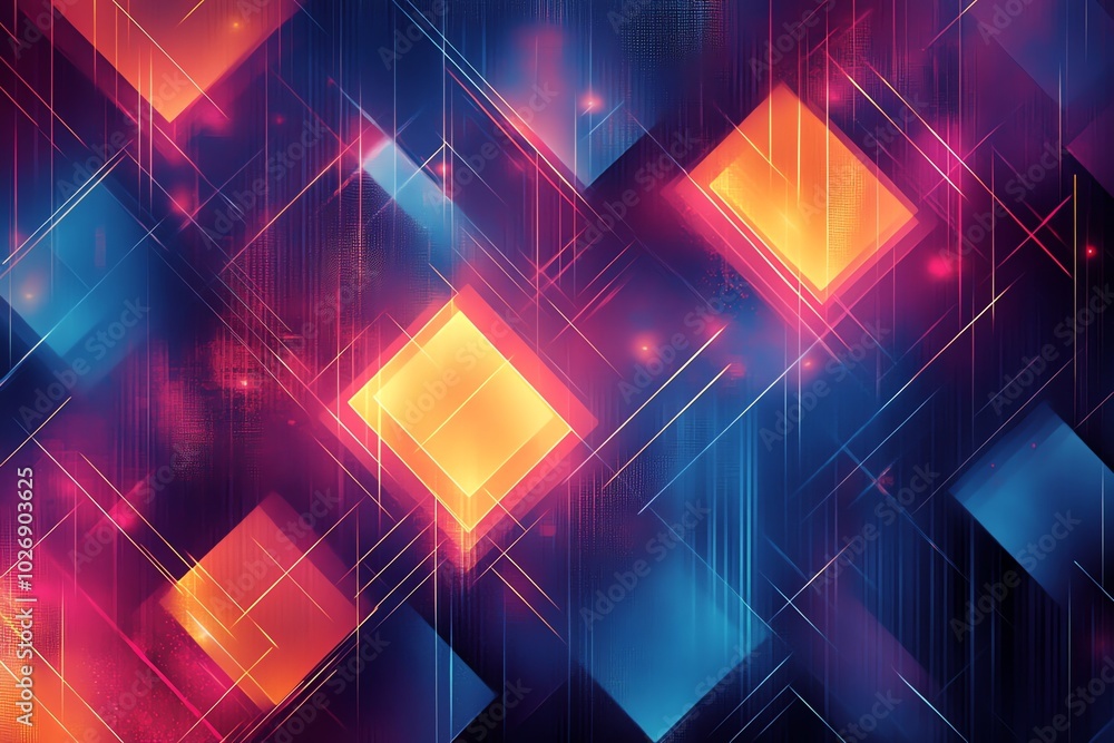 Abstract digital art with glowing geometric shapes and lines in vibrant red, orange, blue, and purple tones.