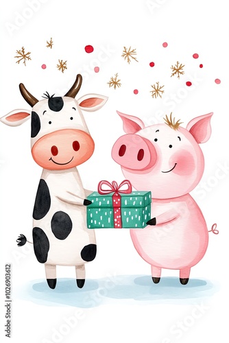 A cute cow and pig joyfully exchanging a gift, surrounded by festive decorations, perfect for children's illustrations. photo