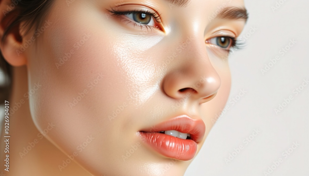 Close up of a woman's face showing healthy, glowing skin. Concept of beauty, skincare, and wellness. Close up of a woman's face showing healthy, glowing skin. Concept of beauty, skincare, and wellness.