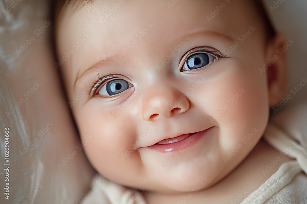 Happy baby with bright blue eyes smiles joyfully in a cozy indoor setting on a sunny day Happy baby with bright blue eyes smiles joyfully in a cozy indoor setting on a sunny day