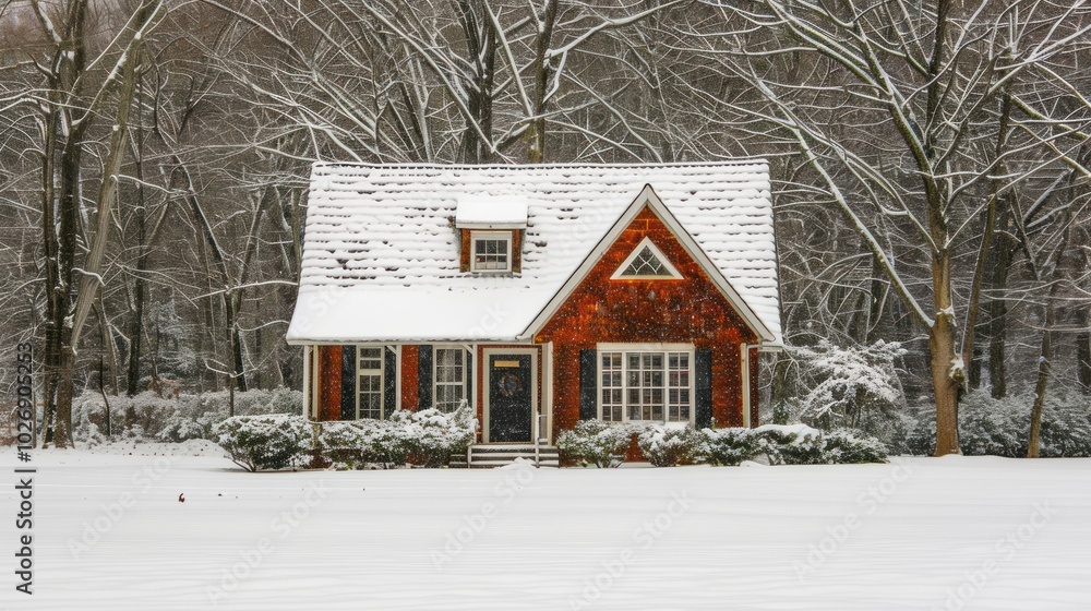 Naklejka premium A Snow-Covered Red Cottage in a Wintery Forest