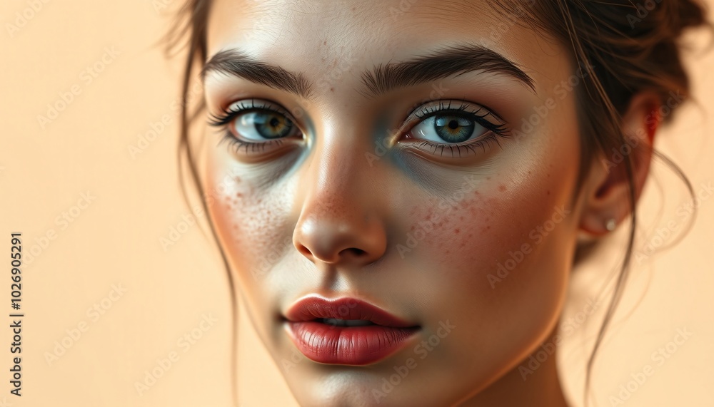 Close up portrait of a young woman with green eyes and rosy cheeks. Close up portrait of a young woman with green eyes and rosy cheeks.