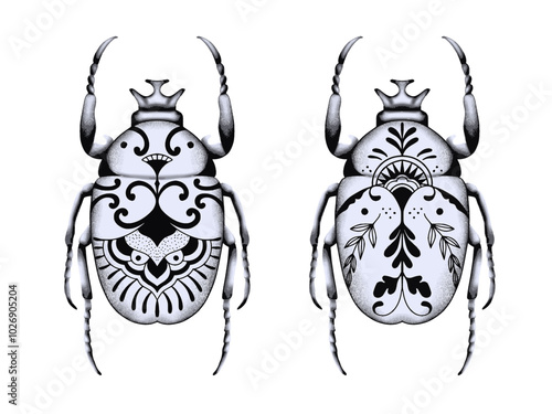 Beetle bug tattoo design. Hard drawing vintage engraving.