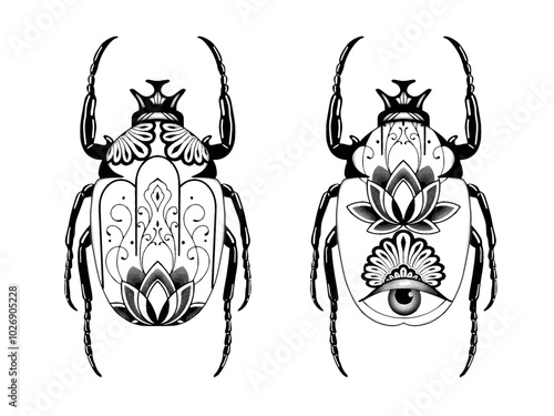 Beetle bug tattoo design. Hard drawing vintage engraving.