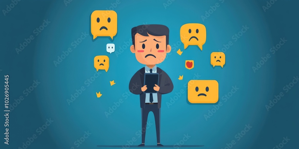 Customer Experience dissatisfied Concept, Unhappy Businessman Client with Sadness Emotion Face on smartphone screen, Bad review, bad service dislike bad quality, low rati Customer Experience dissatisfied Concept, Unhappy Businessman Client with Sadness Emotion Face on smartphone screen, Bad review, bad service dislike bad quality, low rati