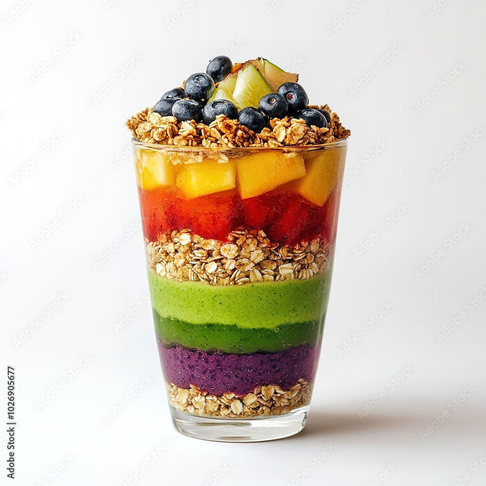Colorful rainbow smoothie in a glass. Featuring layers of fruits and granola. Showcasing a fun breakfast option. Ideal for social media and health blogs. Detailed view of the layered rainbow smoothie Colorful rainbow smoothie in a glass. Featuring layers of fruits and granola. Showcasing a fun breakfast option. Ideal for social media and health blogs. Detailed view of the layered rainbow smoothie