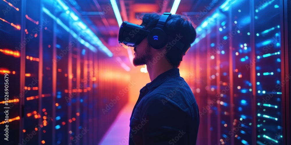 man wearing VR glasses and accessing the Cloud Computing Technology Internet Storage Network Concept And a large database big data Through internet technology man wearing VR glasses and accessing the Cloud Computing Technology Internet Storage Network Concept And a large database big data Through internet technology
