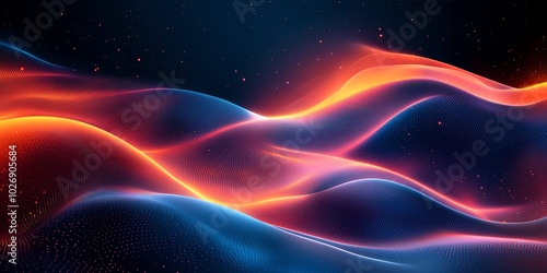 Abstract waves of light in red, orange and blue colors on a dark background with scattered light particles.