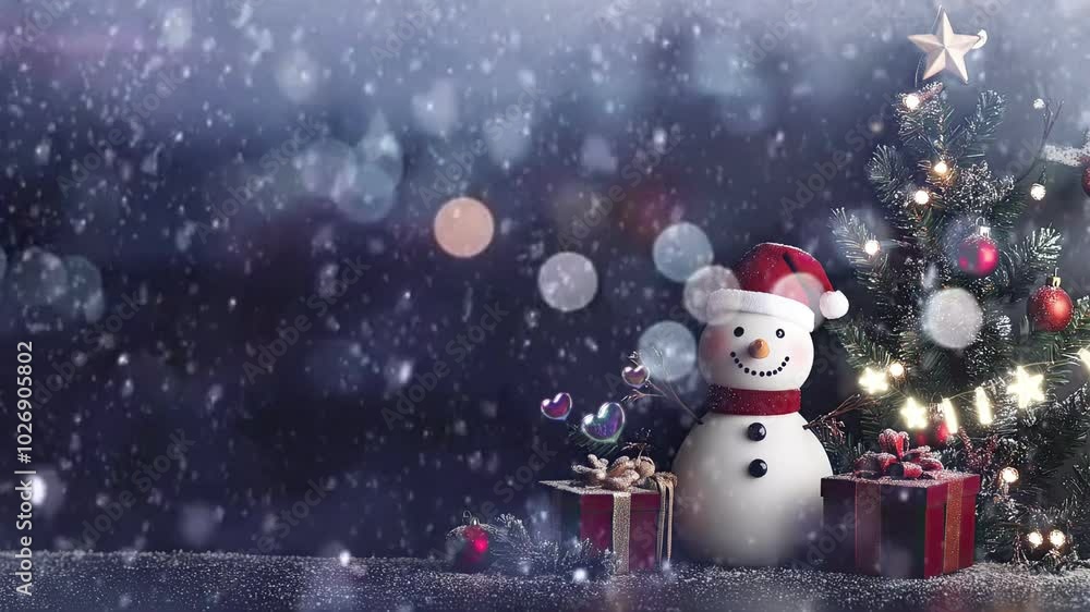 A cheerful snowman with a red hat, surrounded by gifts and a Christmas tree, snowfall, set against a dark background, creating a festive holiday scene. animation background. A cheerful snowman with a red hat, surrounded by gifts and a Christmas tree, snowfall, set against a dark background, creating a festive holiday scene. animation background.