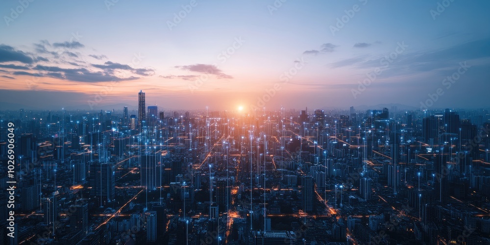 Fototapeta premium A cityscape with sensors and data lines, representing the concept of a smart city powered by interconnected electric technology