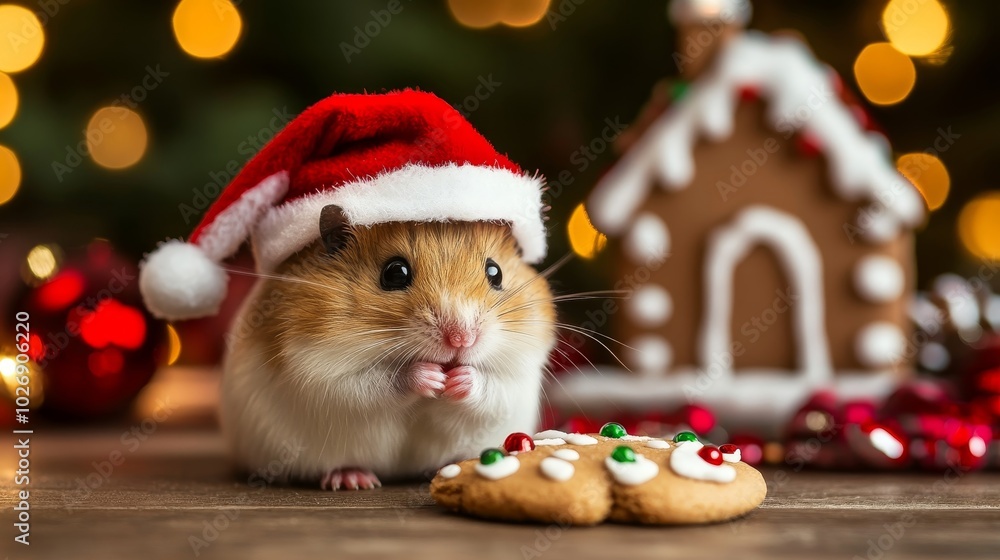 Festive Hamster in Santa Hat Eating Christmas Cookie with Gingerbread House in Background and Holiday Lights Festive Hamster in Santa Hat Eating Christmas Cookie with Gingerbread House in Background and Holiday Lights