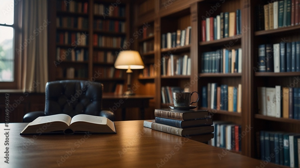 A neat workplace featuring a notebook on the desk, with a bookshelf filled with books in the background, promoting an atmosphere of learning and creativity A neat workplace featuring a notebook on the desk, with a bookshelf filled with books in the background, promoting an atmosphere of learning and creativity