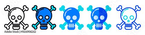 Danger alert icon, skull illustration in line, flat, and filled styles. Suitable for alert, warning, caution, danger, poison, death and risk symbols.