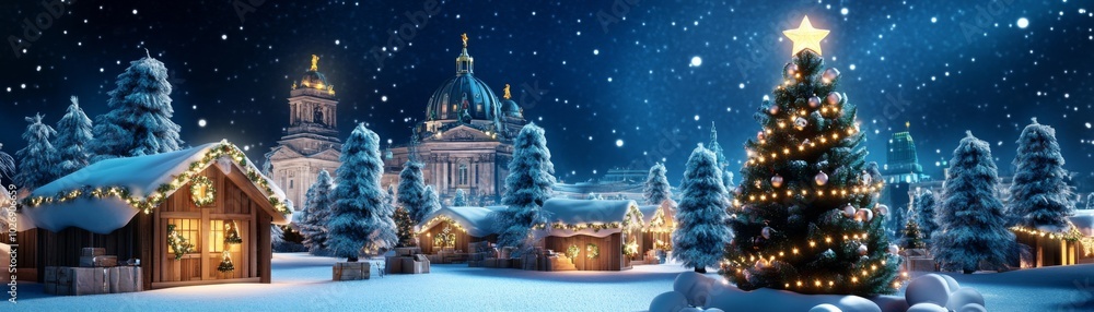 Winter Wonderland with Glittering Christmas Tree, Snow-Covered Market Stalls, Festively Decorated Cabins, and Historic Architecture Under a Starry Night Sky Winter Wonderland with Glittering Christmas Tree, Snow-Covered Market Stalls, Festively Decorated Cabins, and Historic Architecture Under a Starry Night Sky