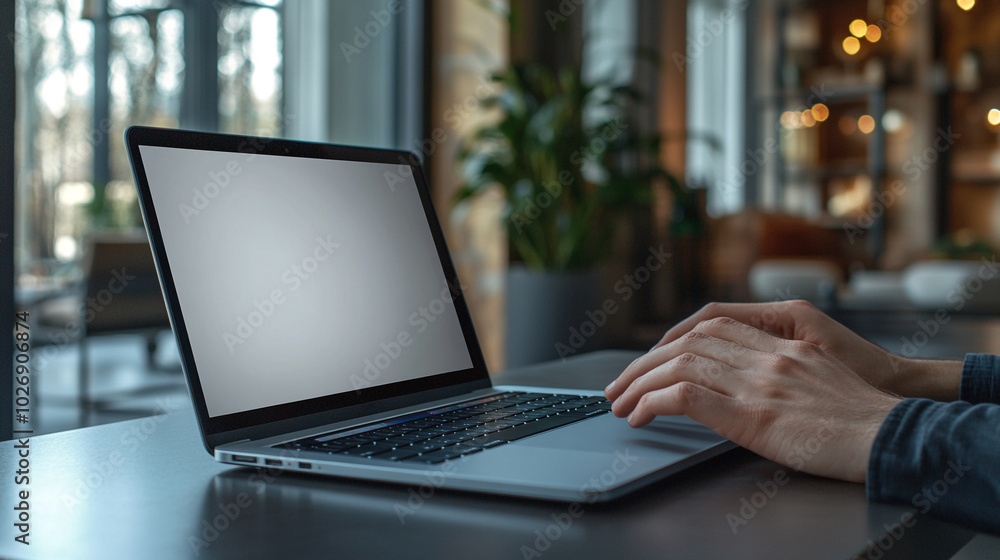 Man’s hands working on laptop with blank display in modern office setting Man’s hands working on laptop with blank display in modern office setting