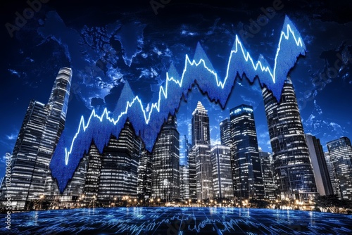 Urban skyline with digital growth graph, showcasing financial success in a bustling metropolis, illuminated buildings against a night sky, symbolizing economic progress. photo