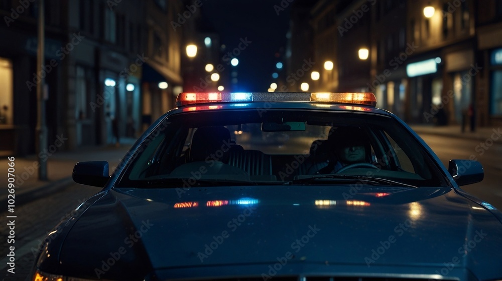 A close-up of a police car's blue siren with flashing lights on a city street at night, highlighting law and order in urban areas. A close-up of a police car's blue siren with flashing lights on a city street at night, highlighting law and order in urban areas.