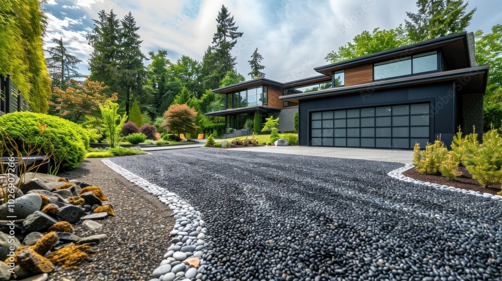 Modern house exterior design with landscaping in a tranquil setting, featuring a gravel driveway, lush greenery, and a contemporary architectural style Perfect for real estate Modern house exterior design with landscaping in a tranquil setting, featuring a gravel driveway, lush greenery, and a contemporary architectural style Perfect for real estate