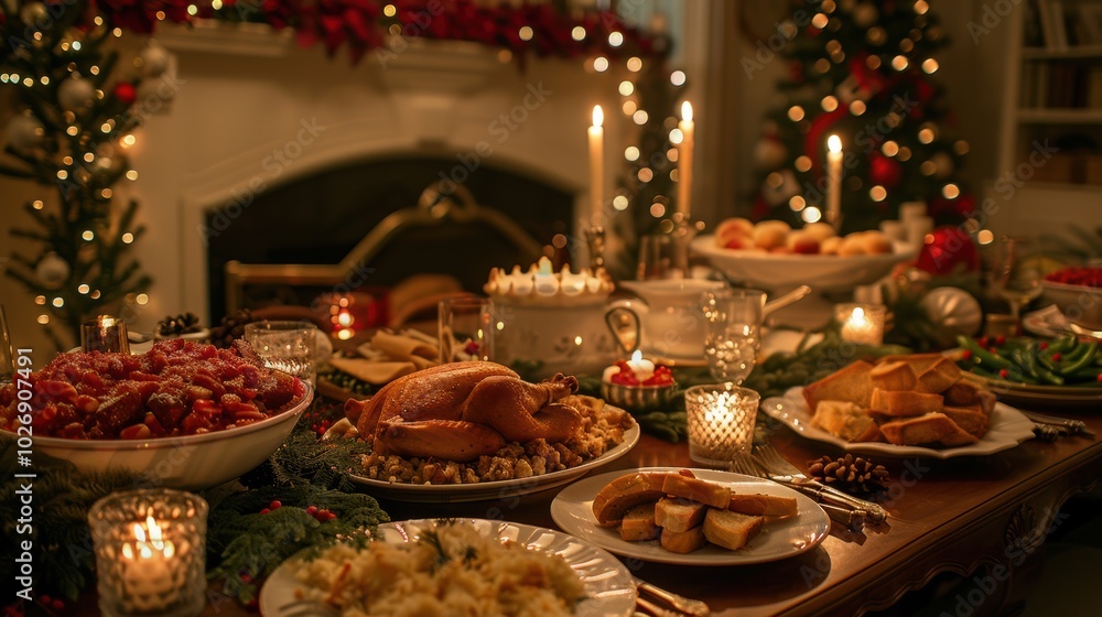 Traditional Christmas Dinner Set on Festive Table Traditional Christmas Dinner Set on Festive Table