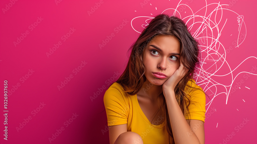 Bored Young Woman with Pensive Expression Against a Pink Background Bored Young Woman with Pensive Expression Against a Pink Background
