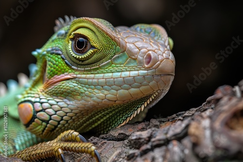 Close-up of Green Lizard Perched on Tree Branch