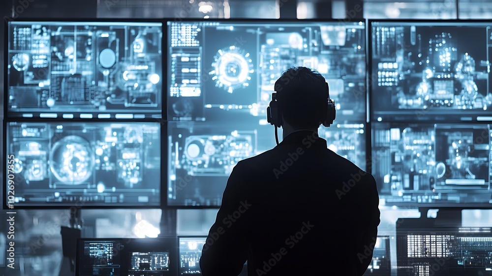 Silhouetted Figure in Front of Multiple Computer Screens Displaying Blue Digital Data Silhouetted Figure in Front of Multiple Computer Screens Displaying Blue Digital Data