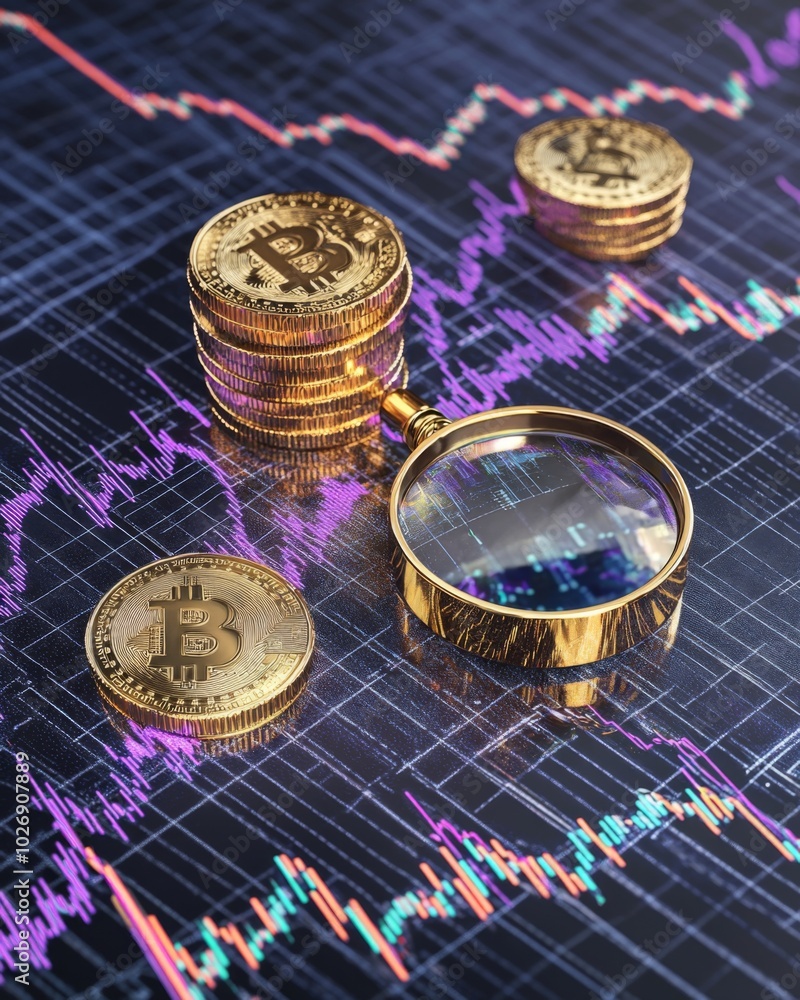 Cryptocurrency Analysis, stacks of Bitcoin coins next to a magnifying glass resting on a fluctuating market graph, symbolizing investment scrutiny and market trends. Cryptocurrency Analysis, stacks of Bitcoin coins next to a magnifying glass resting on a fluctuating market graph, symbolizing investment scrutiny and market trends.
