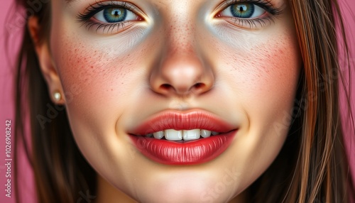 Close up portrait of a smiling young woman with blue eyes.