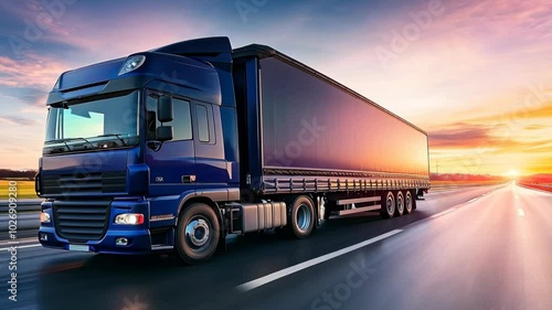 Cargo Truck on Highway at Sunset with Scenic Sky and Open Road