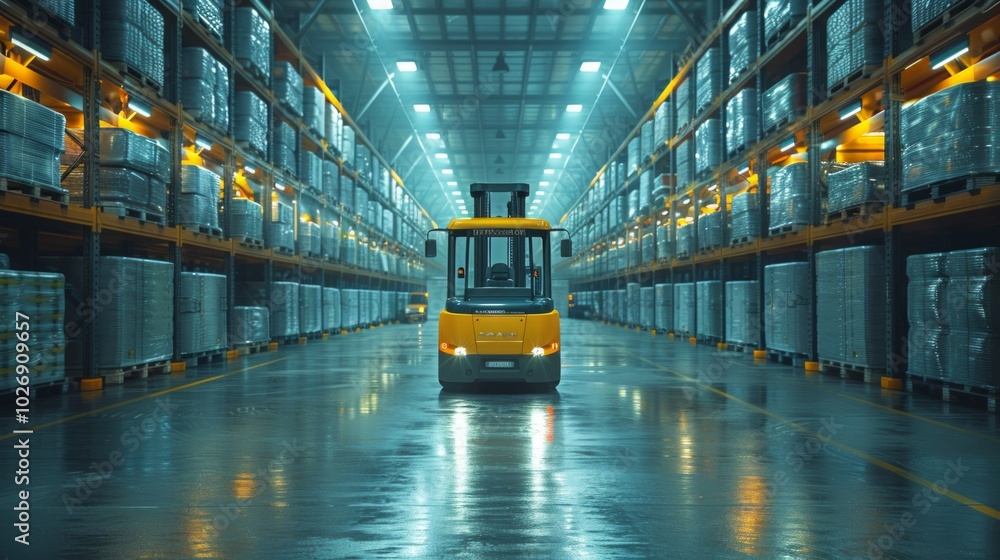 A yellow forklift drives down a wet warehouse aisle lined with shelves. AI generative. . A yellow forklift drives down a wet warehouse aisle lined with shelves. AI generative. .