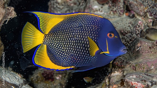 A Blue and Yellow Spotted Angelfish Swimming Among Coral Reefs