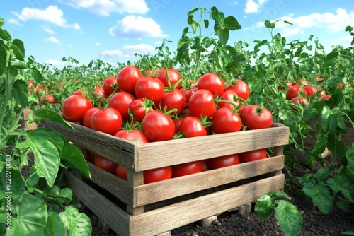 Lush Tomato Harvest, a wooden crate brimming with ripe red tomatoes surrounded by green plants under a vibrant blue sky, showcasing the bounty of summers ripening season.