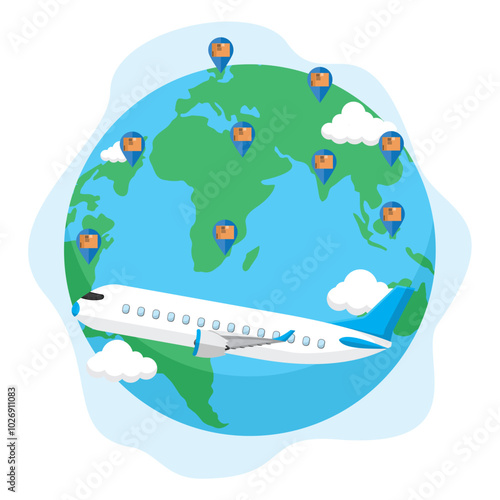 logistics or cargo concept illustration with destinations all over the world, flat style vector illustration.