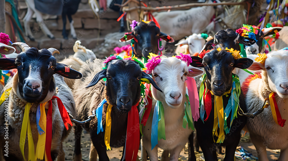 Traditional Goat Market Scene with Farmers Selecting Livestock. Eid ul Adha goats.

