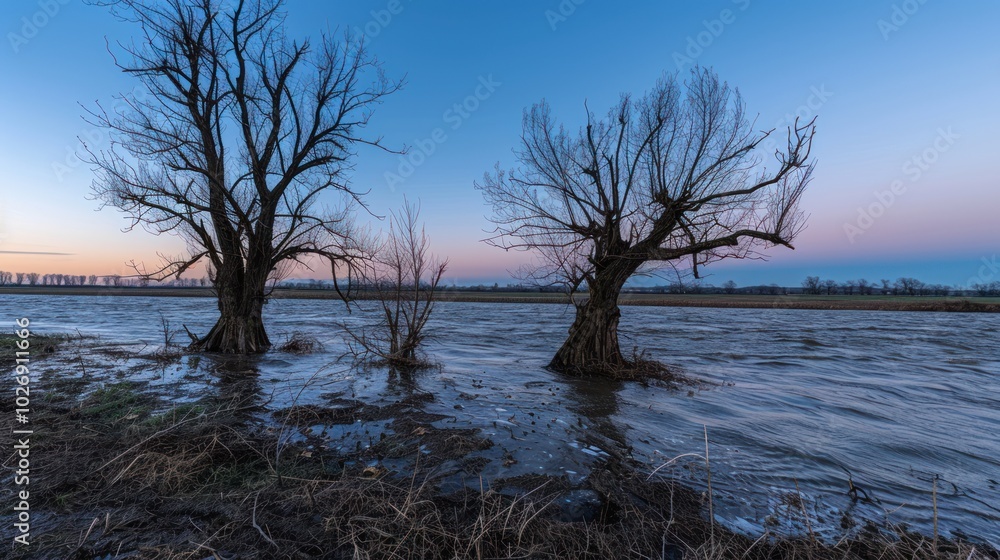 Two Silhouetted Trees Standing in a Flooded Field at Dusk Two Silhouetted Trees Standing in a Flooded Field at Dusk