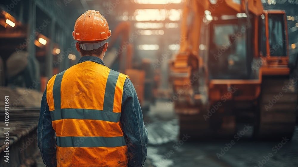 Construction Worker Observing Heavy Machinery in Industrial Setting Construction Worker Observing Heavy Machinery in Industrial Setting