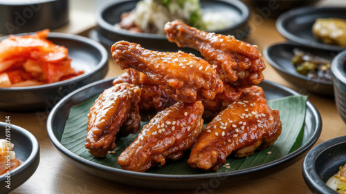 A plate of fried chicken with sesame seeds on top. The plate is on a table with other plates of food