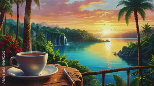 Cup of coffee with lake view in tropical forest, seamless 4K virtual video animation background
