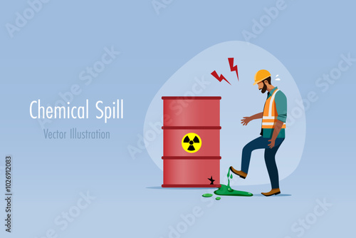 Chemical spilled, leaking accident. Safety first concept. Industrial worker foot accidentally steps on chemical leaking from dangerous container. Vector.