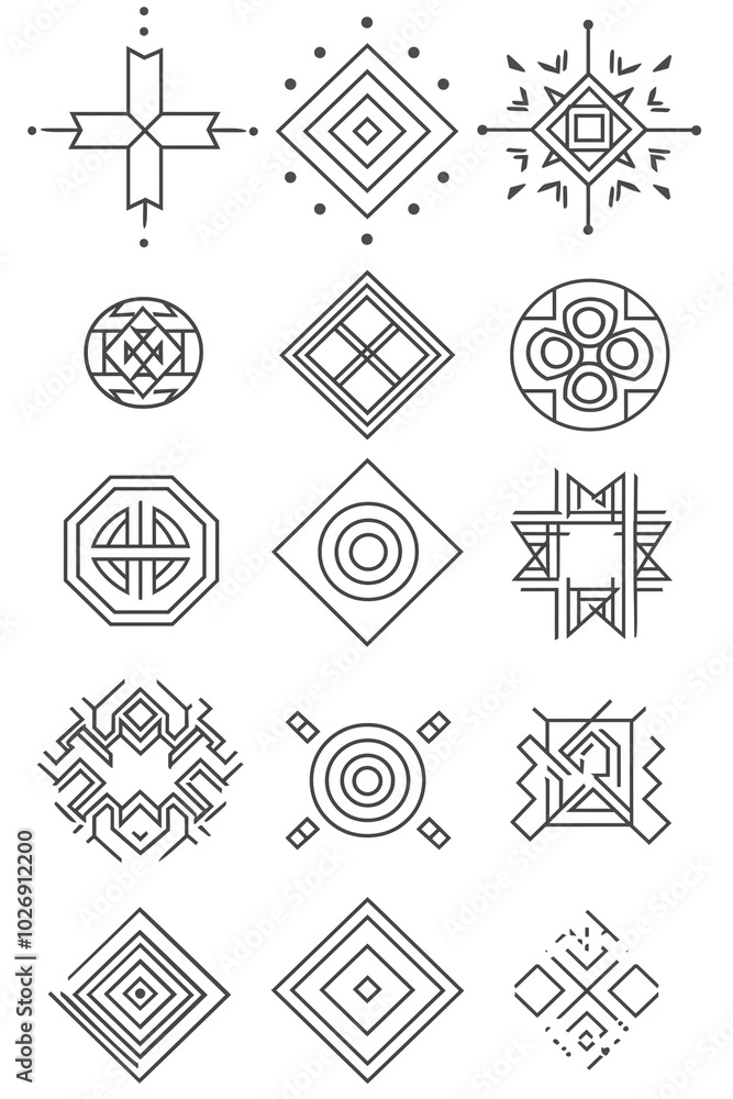 Fototapeta premium Geometric icon symbol set for patterns, logos, and decorative outlines