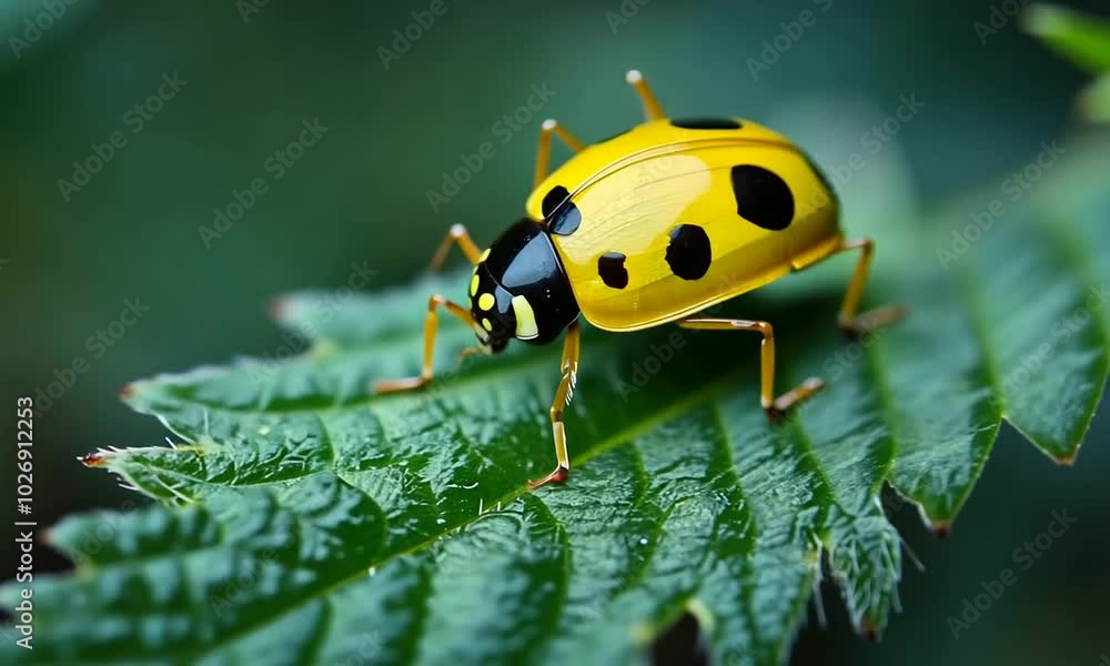 A close-up of a yellow ladybug with black spots on a green leaf. A close-up of a yellow ladybug with black spots on a green leaf.