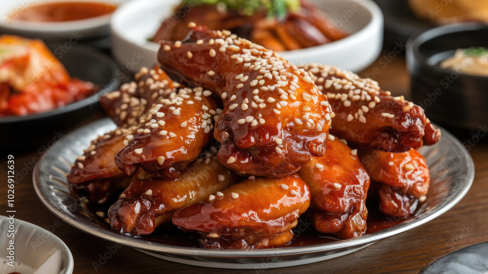 A plate of chicken wings with sesame seeds and sauce. The plate is on a table with other plates of food A plate of chicken wings with sesame seeds and sauce. The plate is on a table with other plates of food