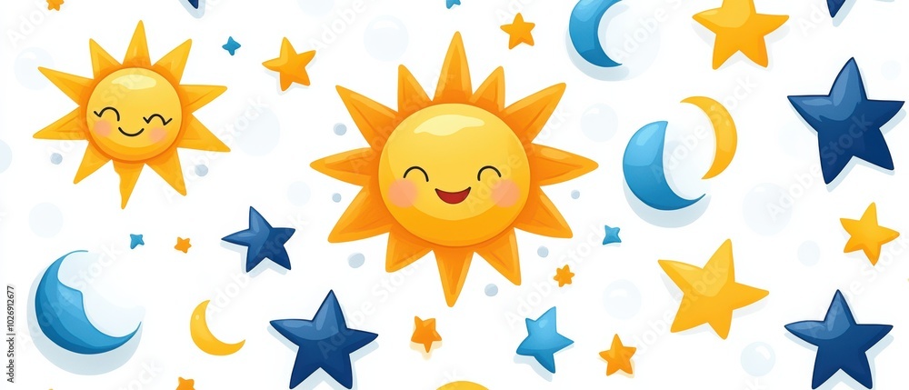 A cheerful illustration of smiling suns, moons, and stars in bright colors, perfect for children's designs and playful themes. A cheerful illustration of smiling suns, moons, and stars in bright colors, perfect for children's designs and playful themes.