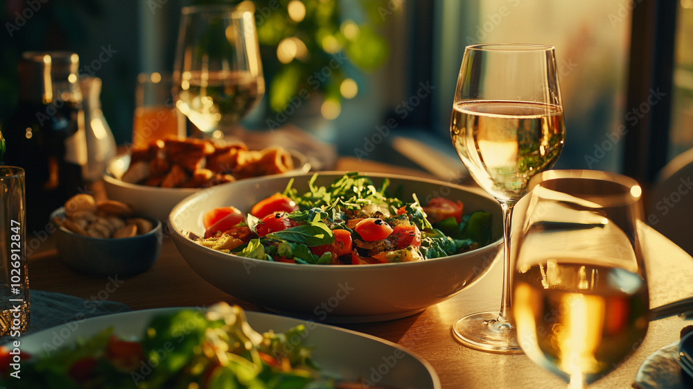 Elegant dinner setting with fresh salads and chilled white wine during a sunset gathering Elegant dinner setting with fresh salads and chilled white wine during a sunset gathering