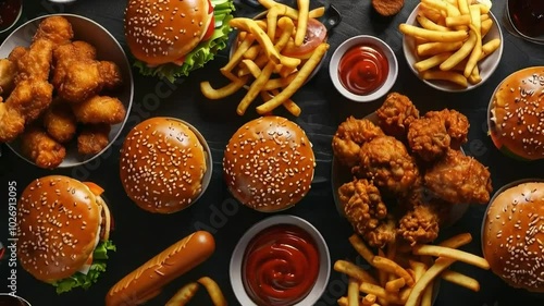 junk food set of burger, hotdog, french fries, fried chicken served spread isolated on black background