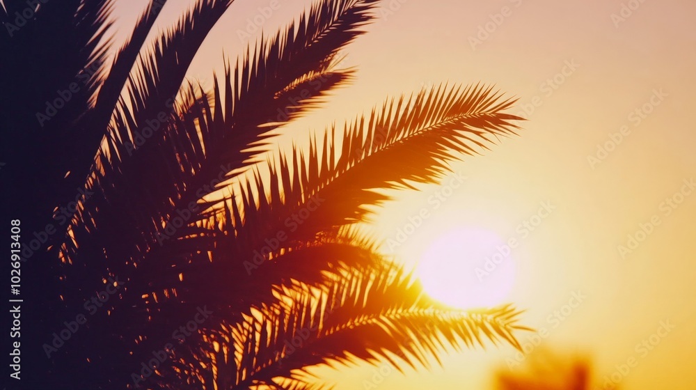 Fototapeta premium Sunset in Paradise: Silhouettes of Swaying Palm Leaves